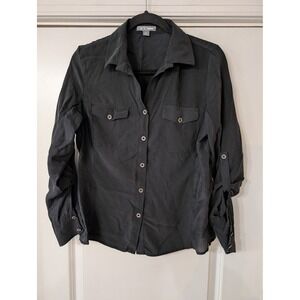 Go Silk Womens Black 100% Silk Long Sleeve Button Down Shirt medium minimalist